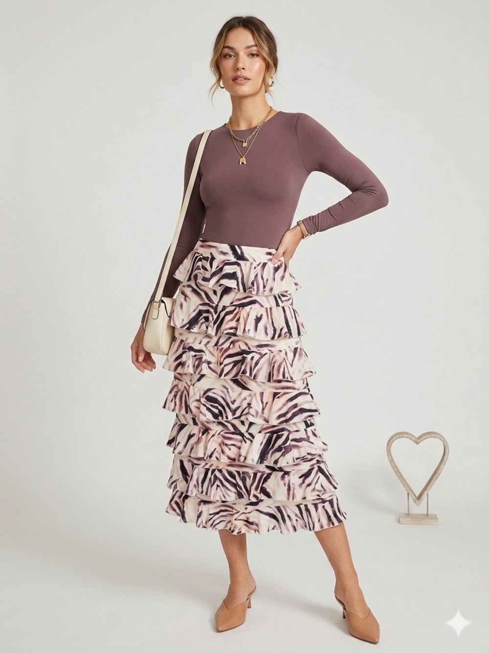 Kendal + Kylie Zebra Print Ruffle Tiered Midi Skirt Abstract Animal Pattern XS